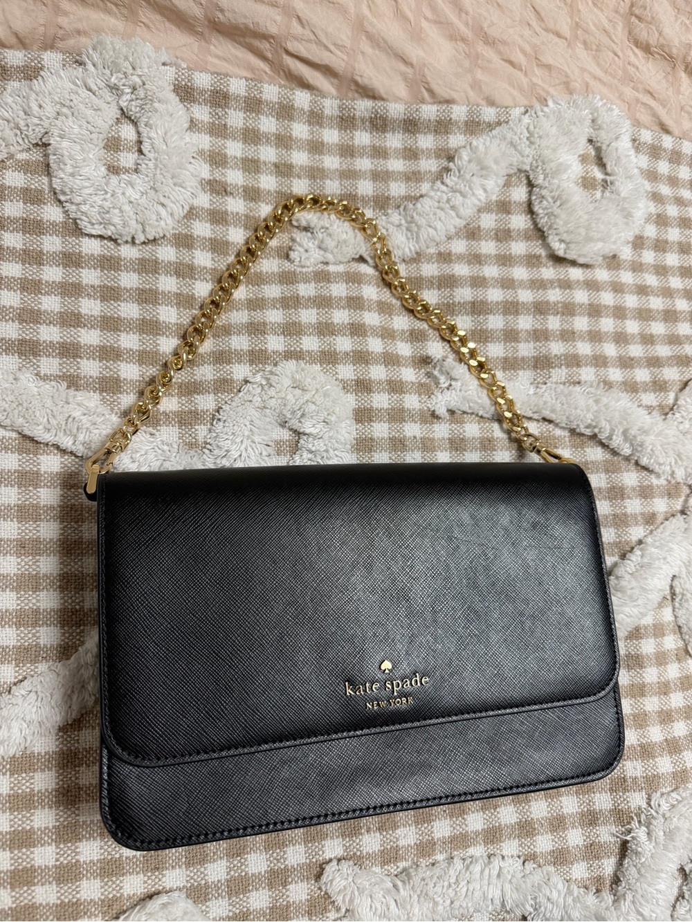 kate spade Black Leather Shoulder Bag with Gold Chain